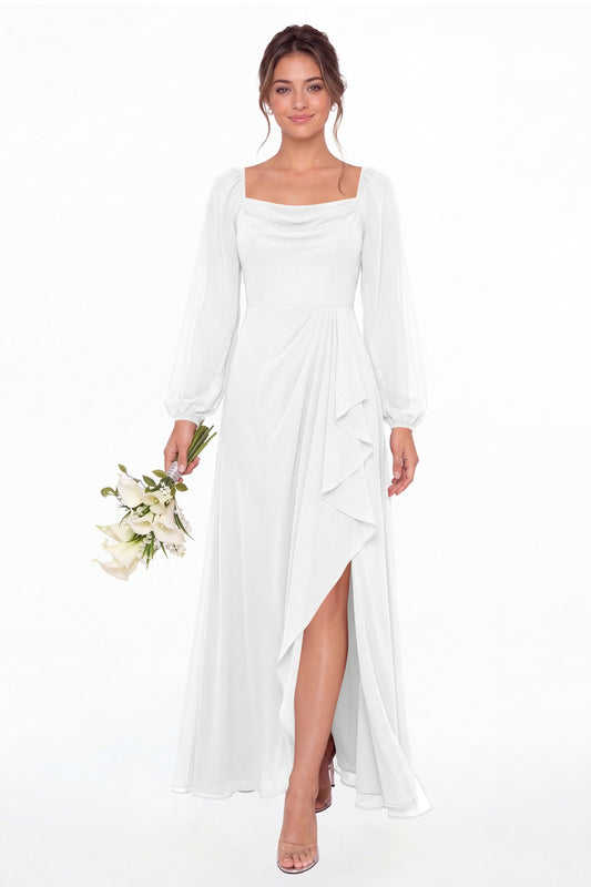 White Cowl Neck Long Sleeve Chiffon Slit Maxi Dress - Front View