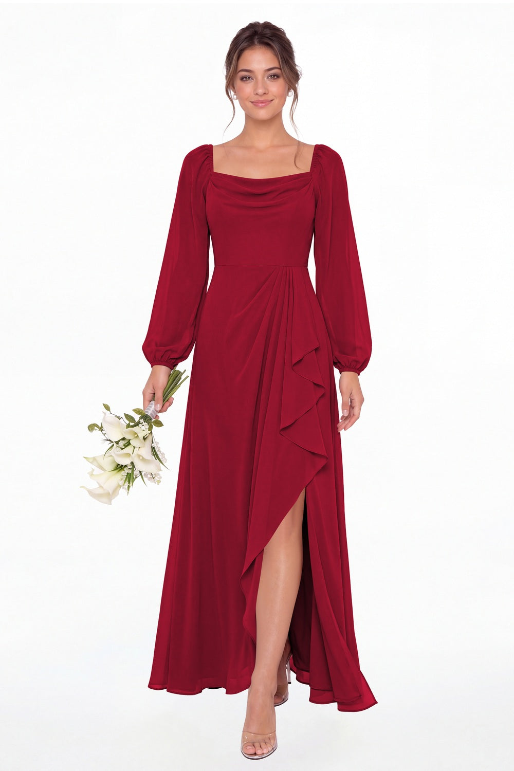 Wine Red Cowl Neck Long Sleeve Chiffon Slit Maxi Dress - Front View