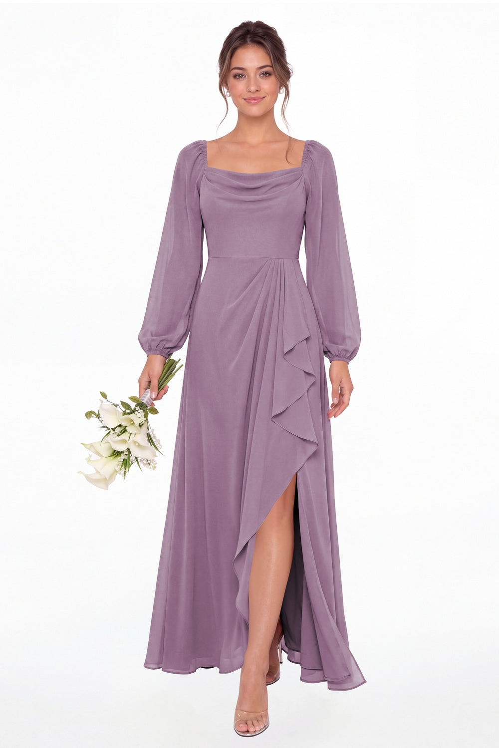 Wisteria Cowl Neck Long Sleeve Chiffon Slit Maxi Dress - Front View