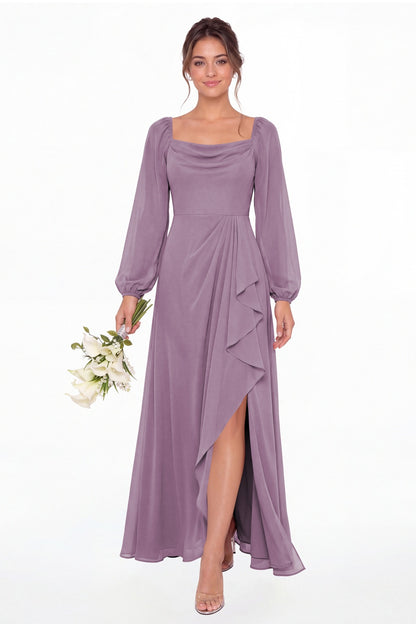 Wisteria Cowl Neck Long Sleeve Chiffon Slit Maxi Dress - Front View