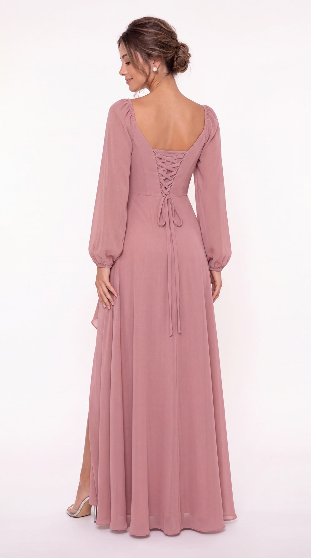 Cowl Neck Long Sleeve Chiffon Slit Maxi Dress - Back View
