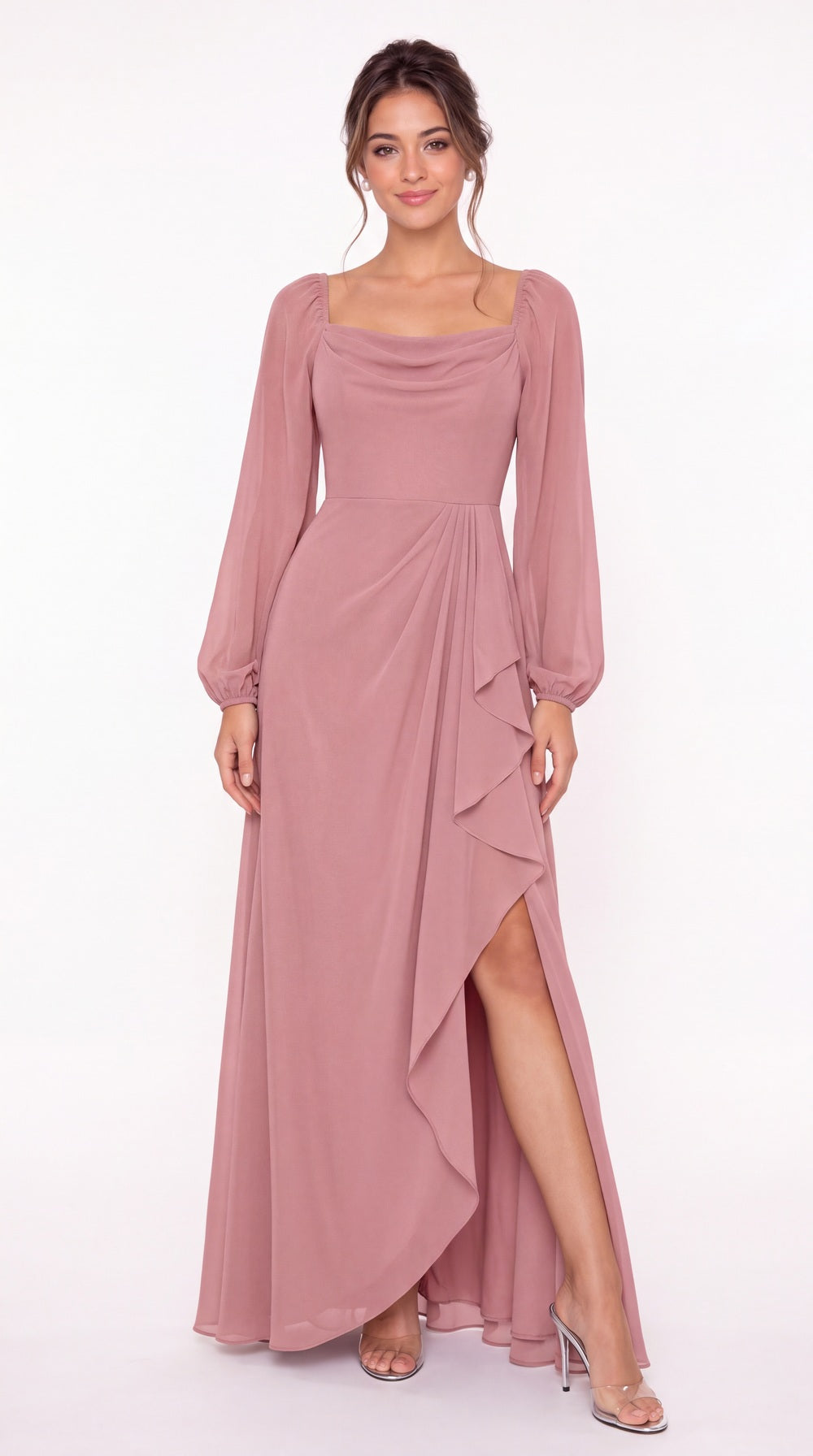 Cowl Neck Long Sleeve Chiffon Slit Maxi Dress - Detail View 1