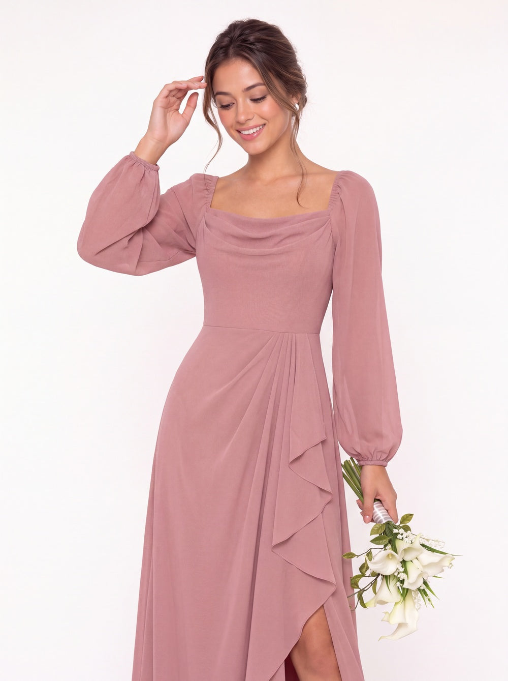 Cowl Neck Long Sleeve Chiffon Slit Maxi Dress - Detail View 2