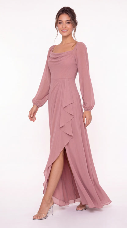Cowl Neck Long Sleeve Chiffon Slit Maxi Dress - Detail View 3