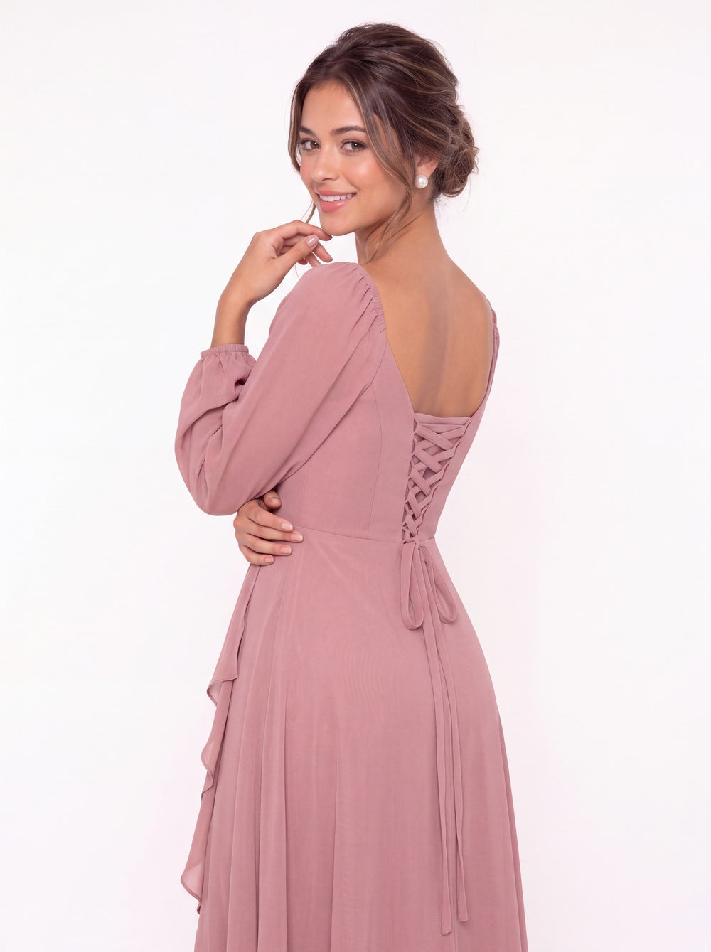 Cowl Neck Long Sleeve Chiffon Slit Maxi Dress - Detail View 4