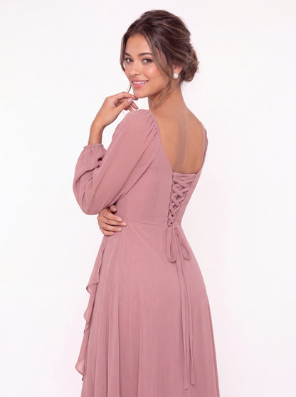 Cowl Neck Long Sleeve Chiffon Slit Maxi Dress - Detail View 4