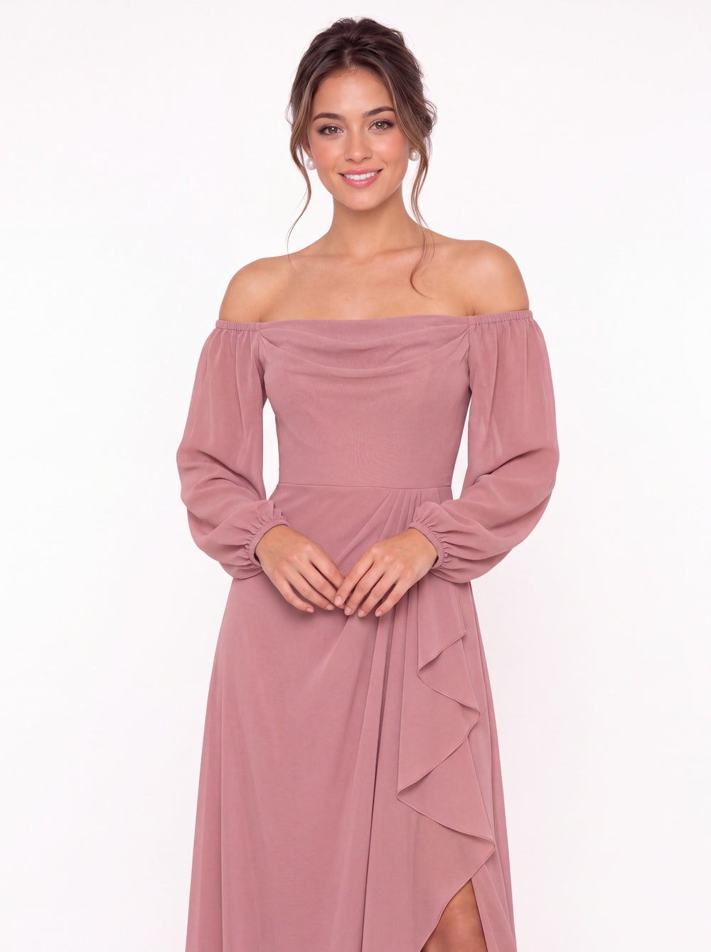 Cowl Neck Long Sleeve Chiffon Slit Maxi Dress - Detail View 5
