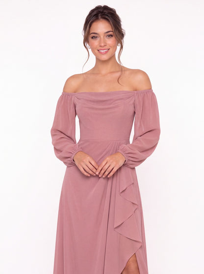 Cowl Neck Long Sleeve Chiffon Slit Maxi Dress - Detail View 5