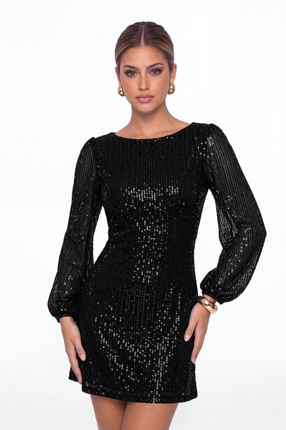 Black Scoop Neck Long Sleeve Sequin Mini Dress - Front View