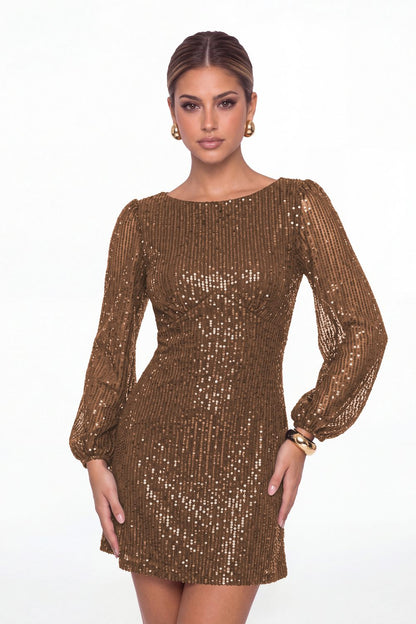 Brown Scoop Neck Long Sleeve Sequin Mini Dress - Front View