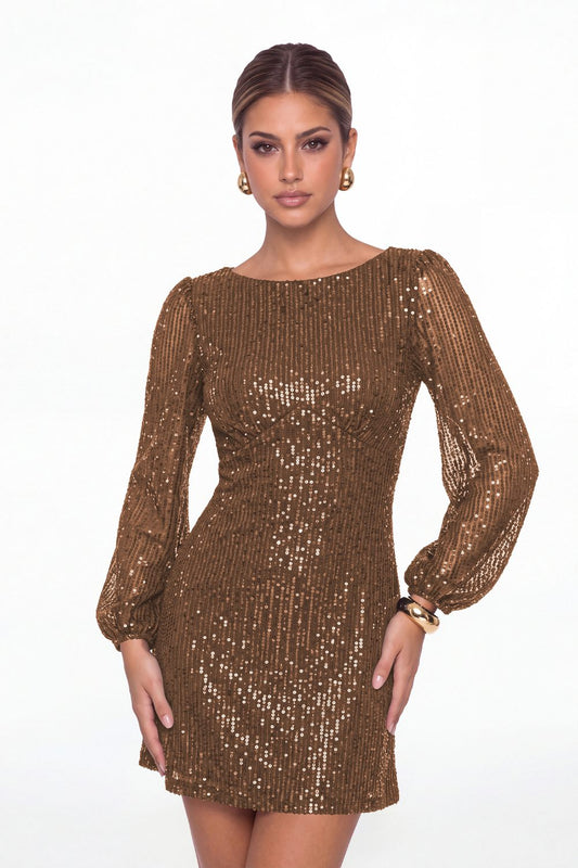 Brown Scoop Neck Long Sleeve Sequin Mini Dress - Front View