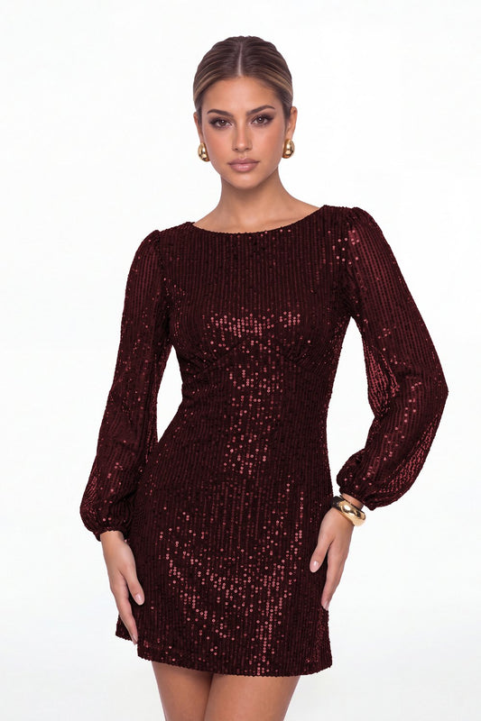 Burgundy Scoop Neck Long Sleeve Sequin Mini Dress - Front View