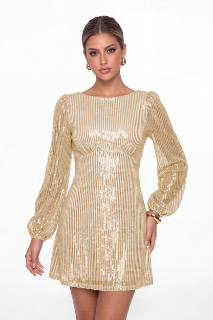 Champagne Scoop Neck Long Sleeve Sequin Mini Dress - Front View
