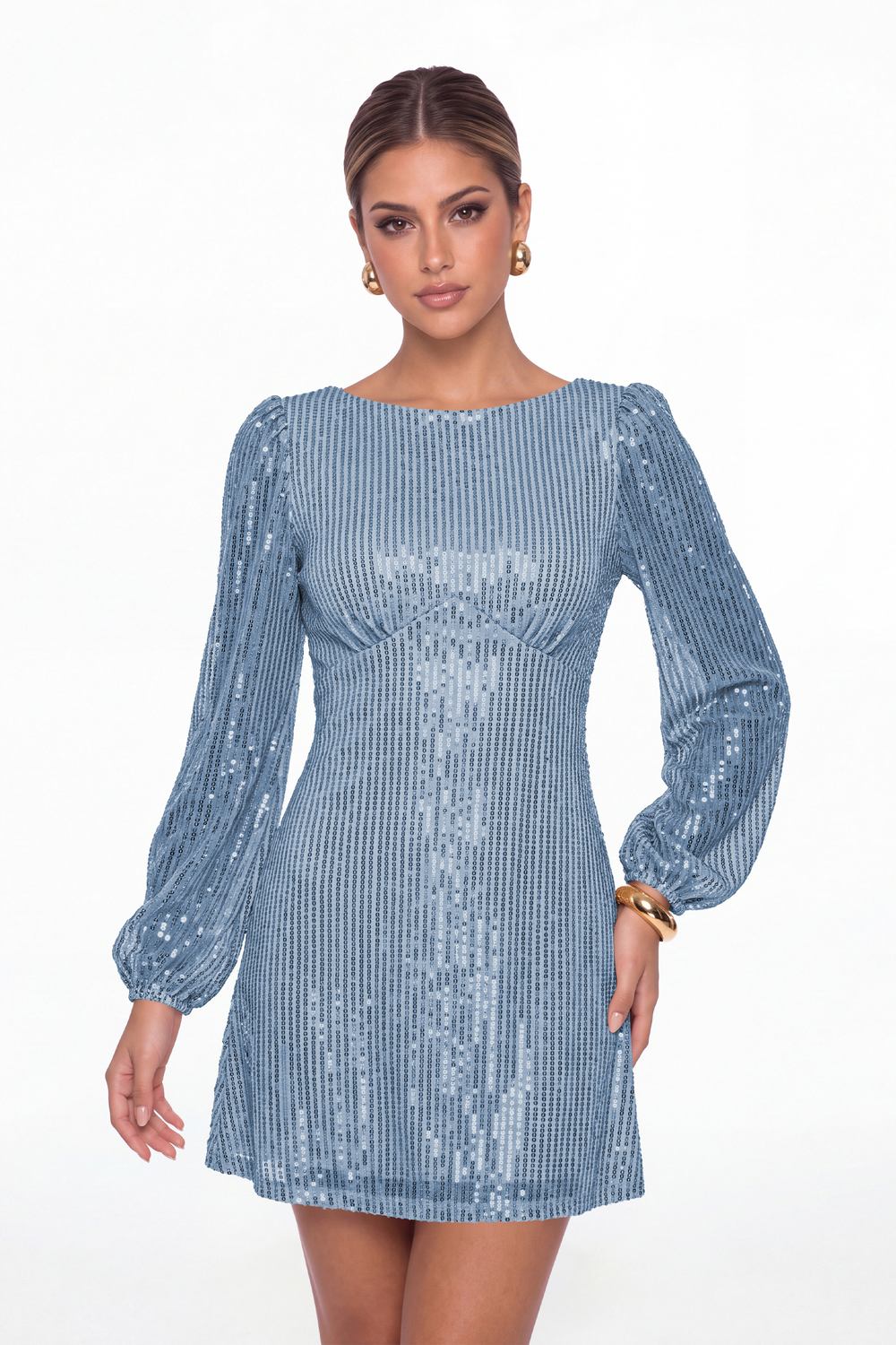 Dusty Blue Scoop Neck Long Sleeve Sequin Mini Dress - Front View