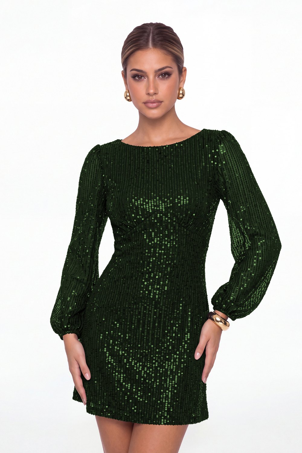 Emerald Green Scoop Neck Long Sleeve Sequin Mini Dress - Front View
