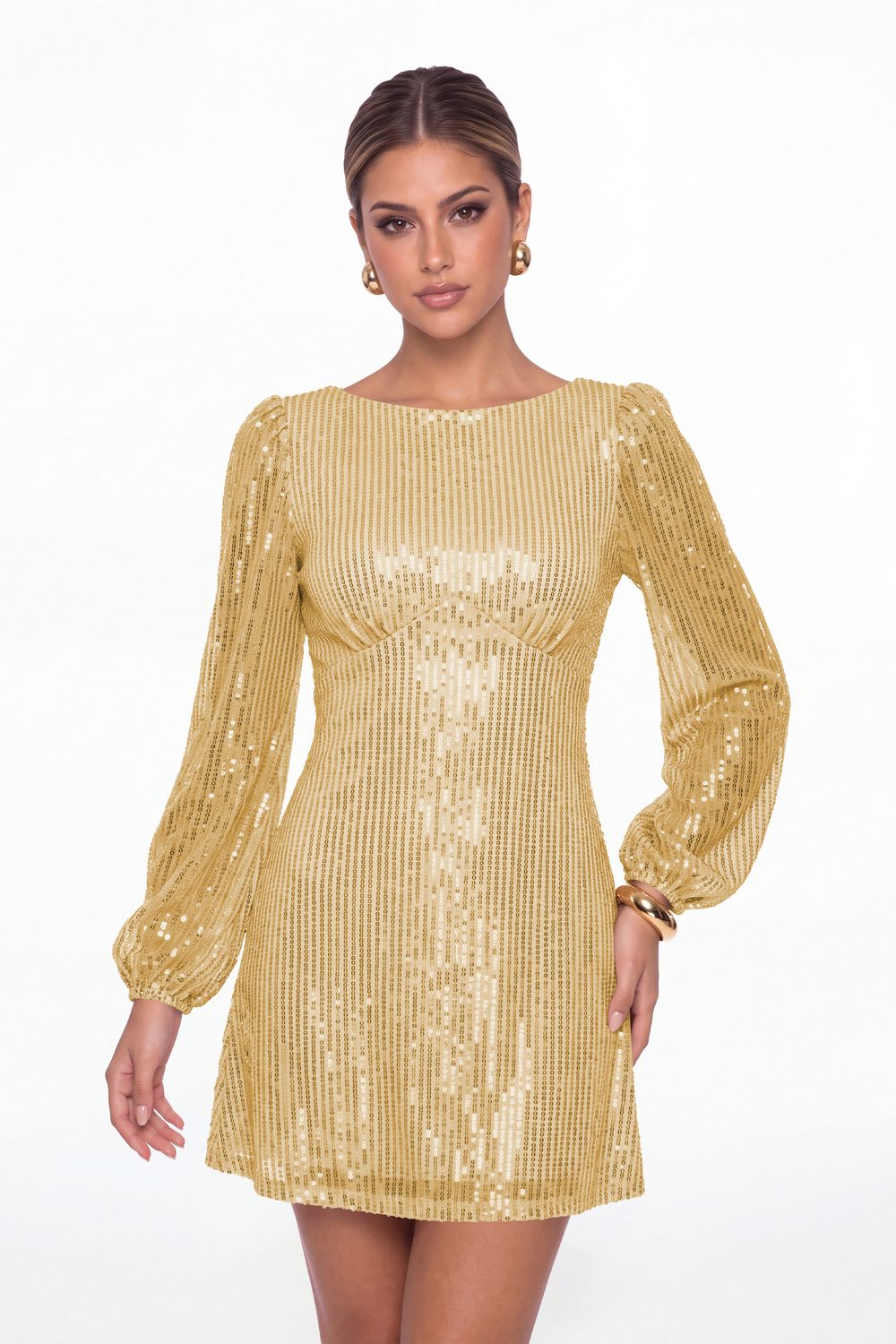 Gold Scoop Neck Long Sleeve Sequin Mini Dress - Front View