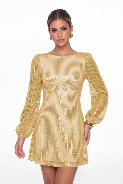Gold Scoop Neck Long Sleeve Sequin Mini Dress - Front View