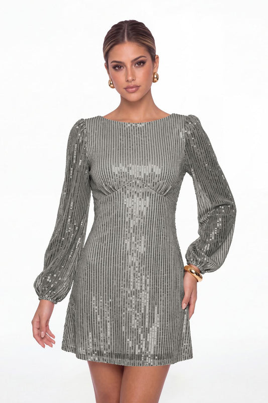 Grey Scoop Neck Long Sleeve Sequin Mini Dress - Front View