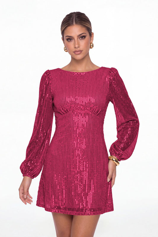 Hot Pink Scoop Neck Long Sleeve Sequin Mini Dress - Front View