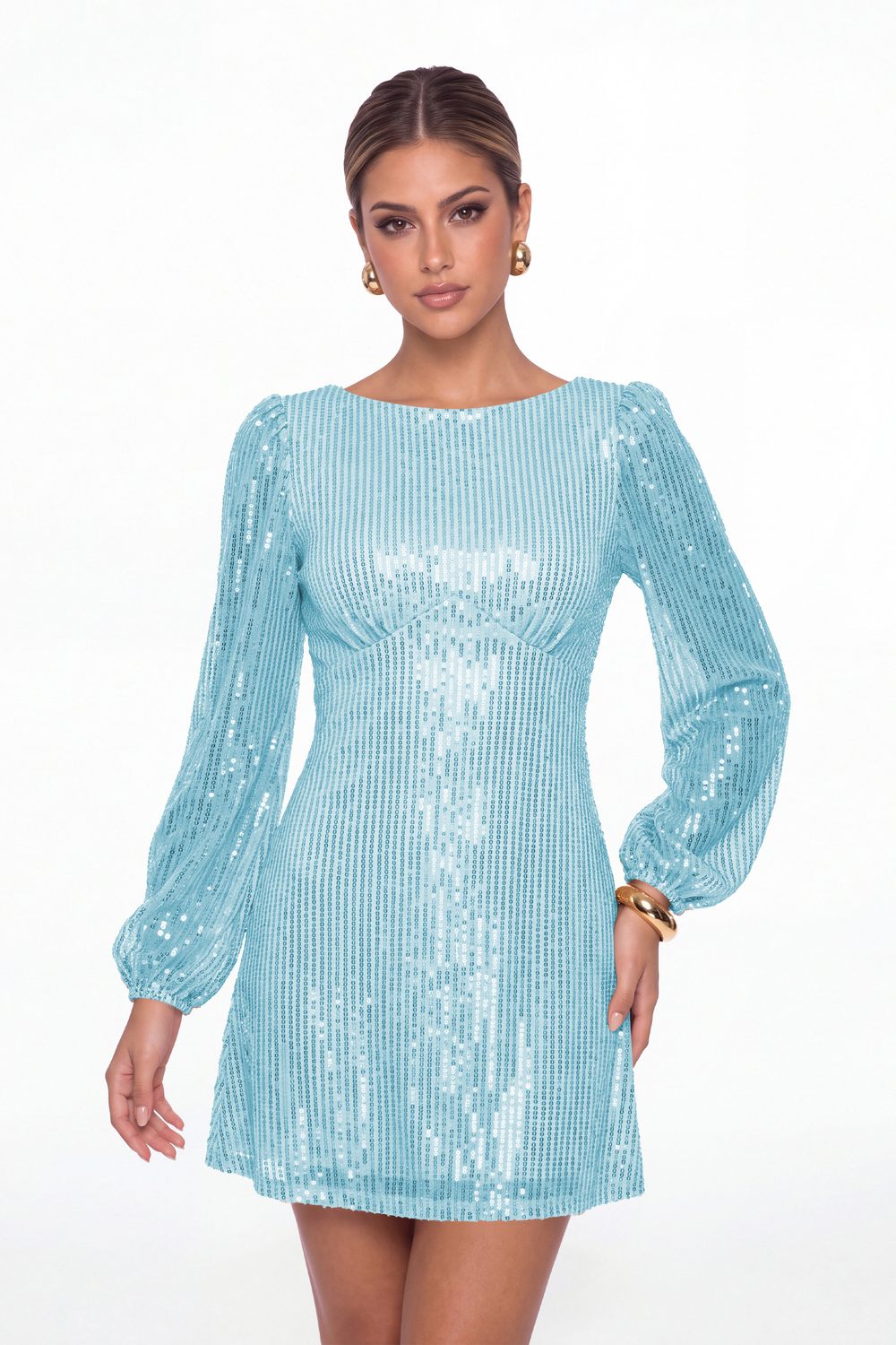 Light Blue Scoop Neck Long Sleeve Sequin Mini Dress - Front View