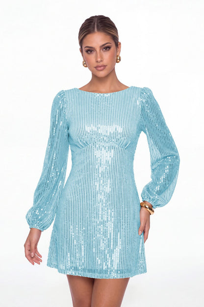 Light Blue Scoop Neck Long Sleeve Sequin Mini Dress - Front View