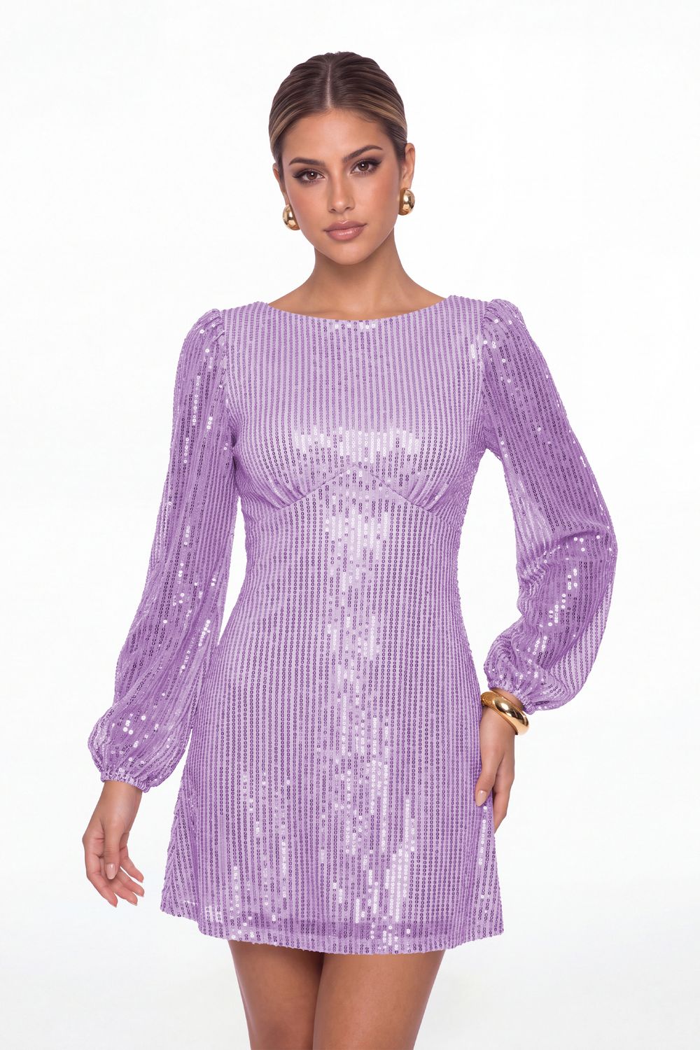 Lilac Scoop Neck Long Sleeve Sequin Mini Dress - Front View
