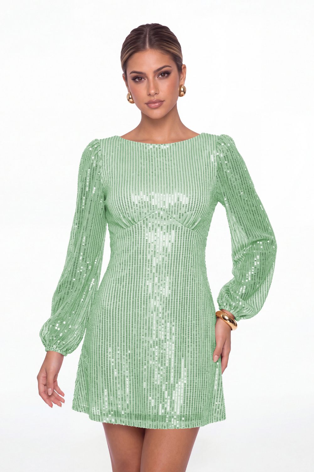 Mint Green Scoop Neck Long Sleeve Sequin Mini Dress - Front View