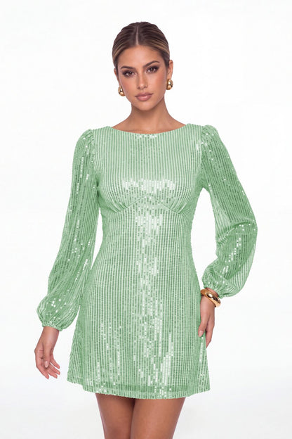 Mint Green Scoop Neck Long Sleeve Sequin Mini Dress - Front View