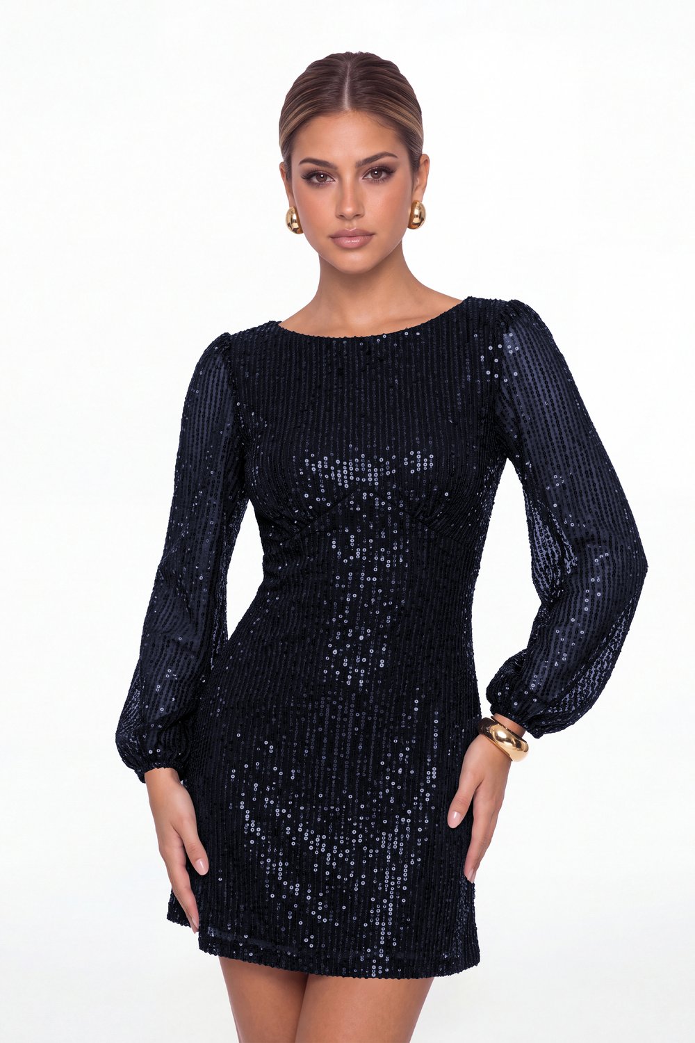 Navy Blue Scoop Neck Long Sleeve Sequin Mini Dress - Front View