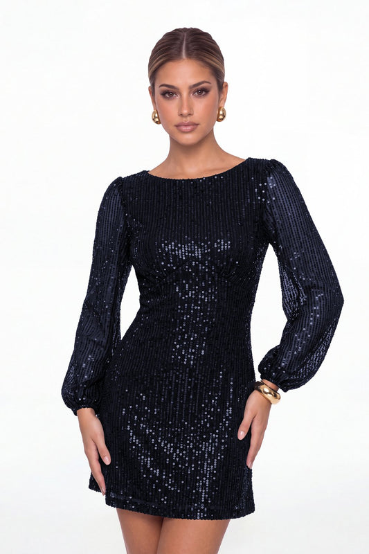 Navy Blue Scoop Neck Long Sleeve Sequin Mini Dress - Front View