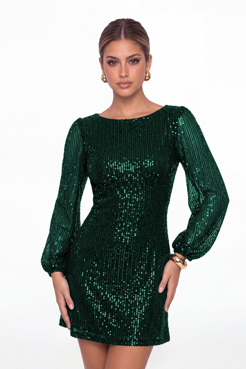 Peacock Scoop Neck Long Sleeve Sequin Mini Dress - Front View