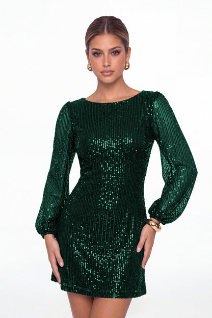 Peacock Scoop Neck Long Sleeve Sequin Mini Dress - Front View