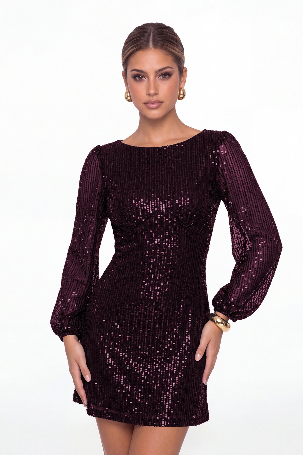 Plum Scoop Neck Long Sleeve Sequin Mini Dress - Front View
