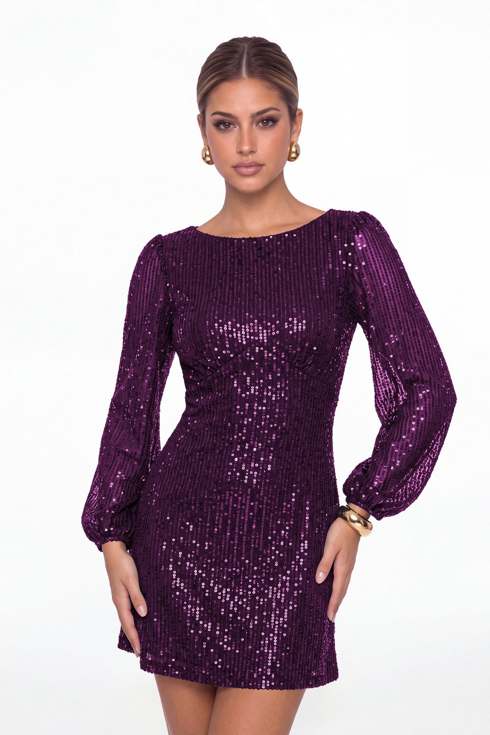 Purple Scoop Neck Long Sleeve Sequin Mini Dress - Front View