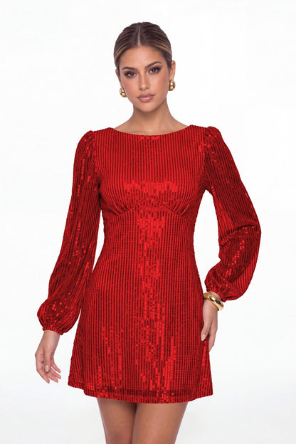 Red Scoop Neck Long Sleeve Sequin Mini Dress - Front View