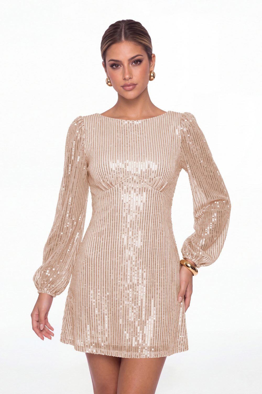 Rose Gold Scoop Neck Long Sleeve Sequin Mini Dress - Front View