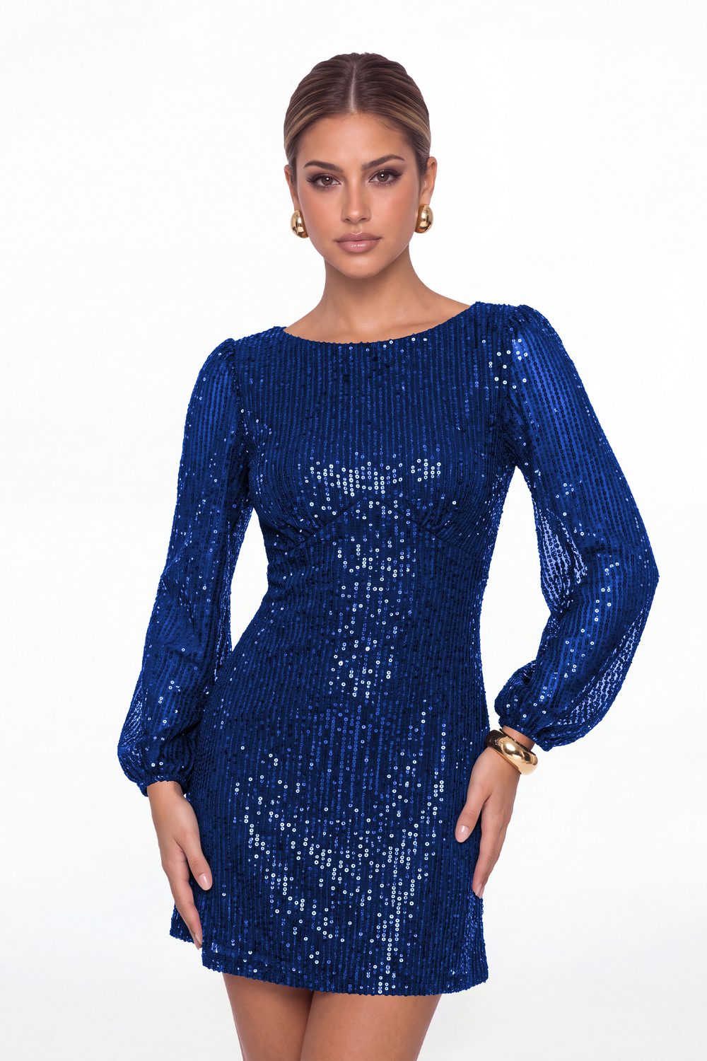 Royal Blue Scoop Neck Long Sleeve Sequin Mini Dress - Front View