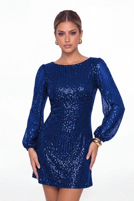 Royal Blue Scoop Neck Long Sleeve Sequin Mini Dress - Front View