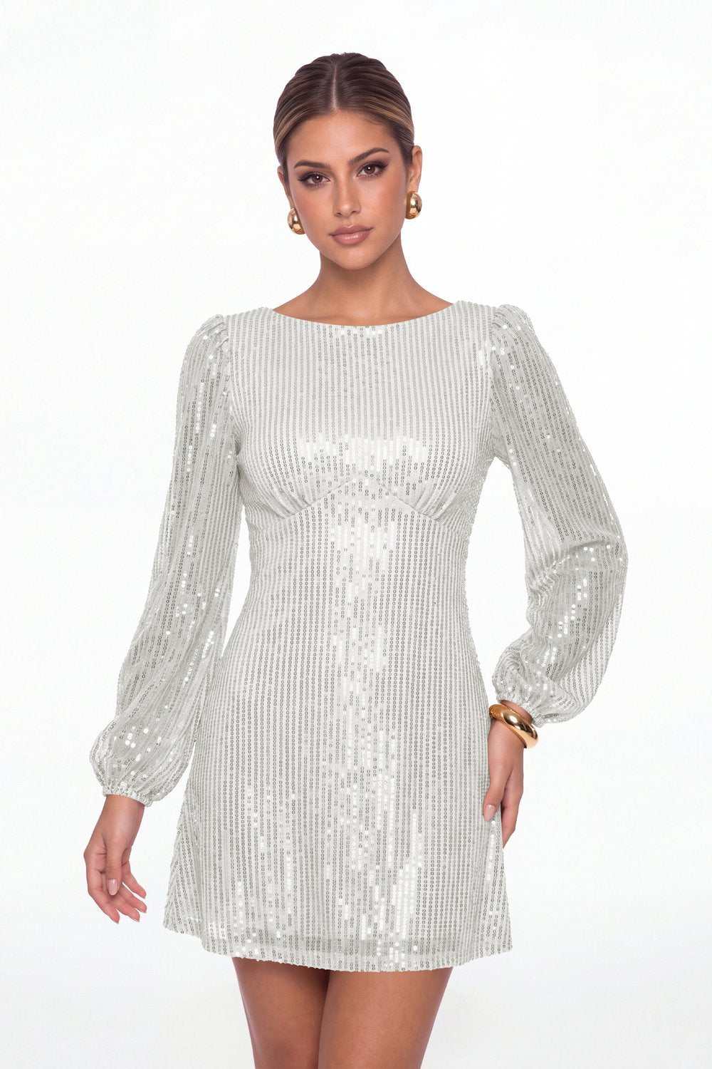 Silver Scoop Neck Long Sleeve Sequin Mini Dress - Front View