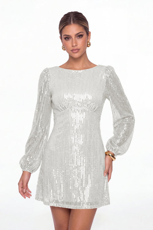 Silver Scoop Neck Long Sleeve Sequin Mini Dress - Front View