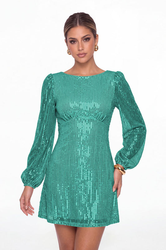 Turquoise Scoop Neck Long Sleeve Sequin Mini Dress - Front View