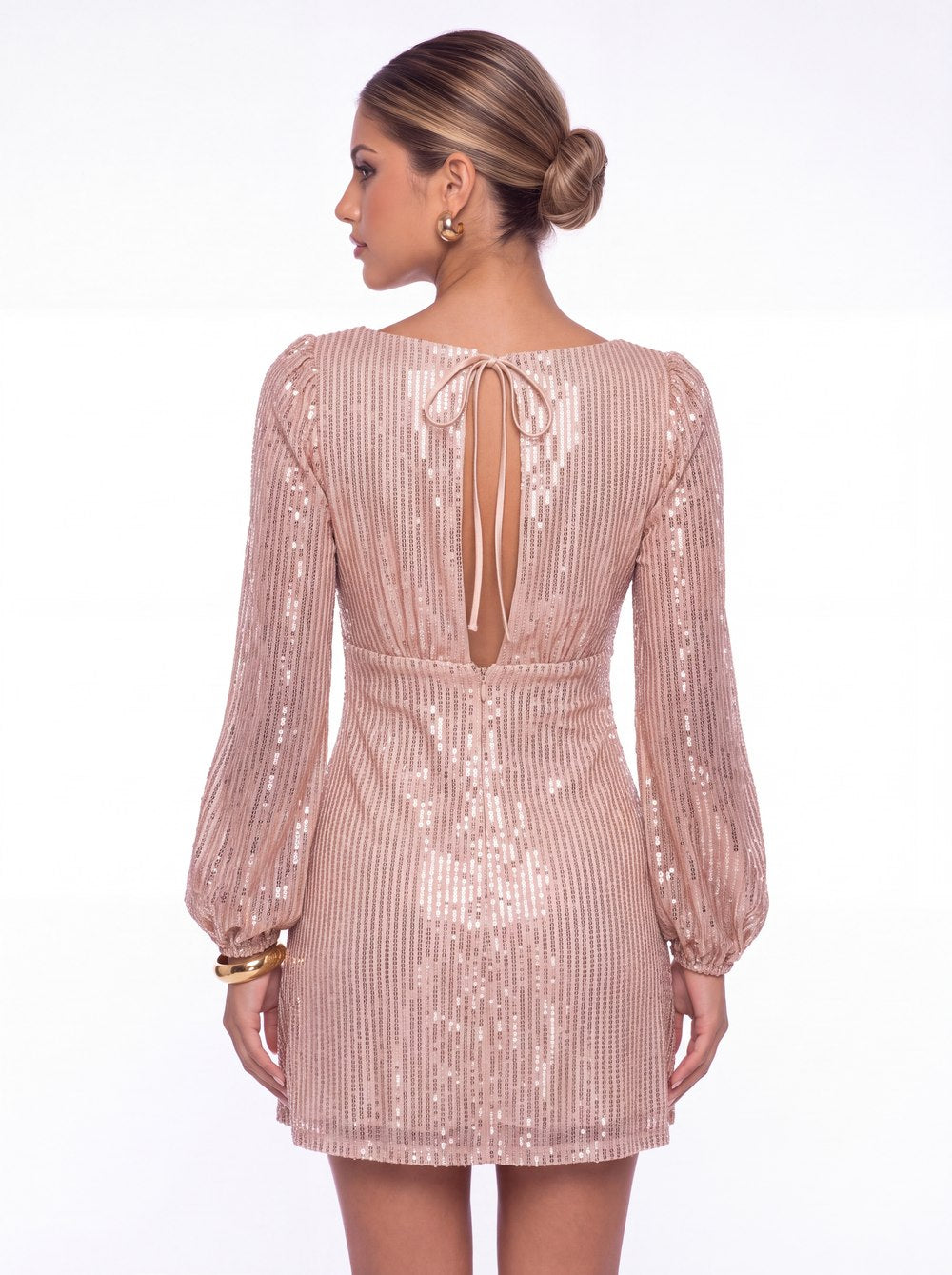 Black Scoop Neck Long Sleeve Sequin Mini Dress - Back View
