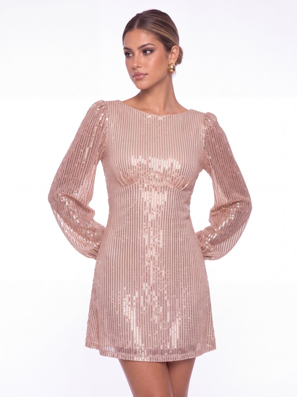 Scoop Neck Long Sleeve Sequin Mini Dress - Detail View 1