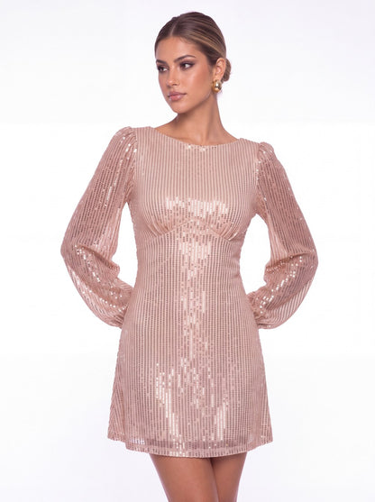 Scoop Neck Long Sleeve Sequin Mini Dress - Detail View 1