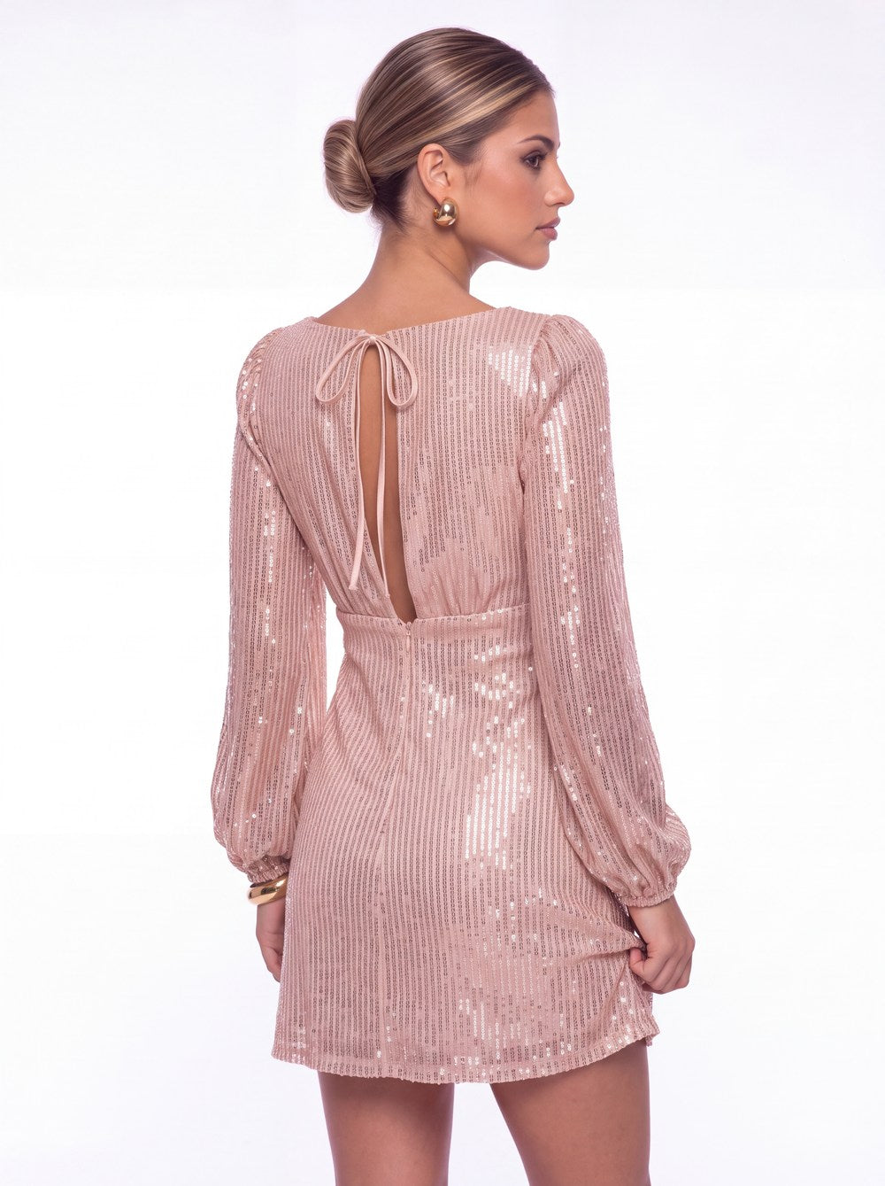 Scoop Neck Long Sleeve Sequin Mini Dress - Detail View 2