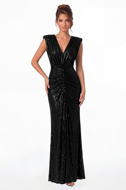 Black V-Neck Ruched Sequin Mermaid Maxi Gown - Front View