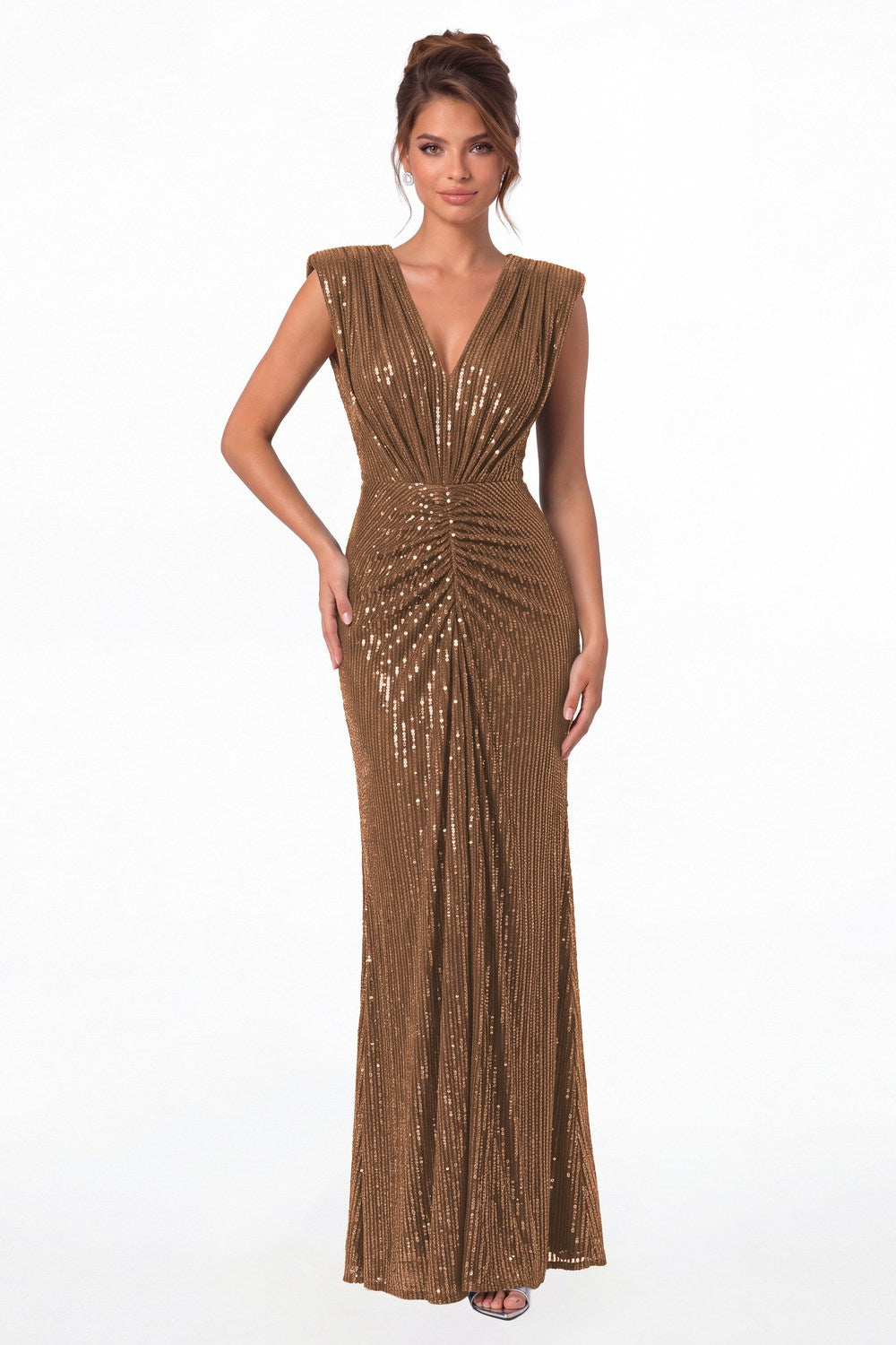 Brown V-Neck Ruched Sequin Mermaid Maxi Gown - Front View