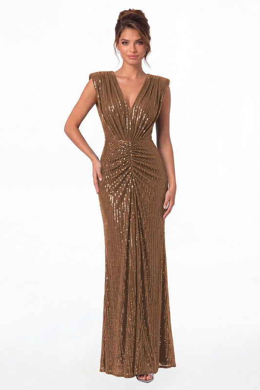 Brown V-Neck Ruched Sequin Mermaid Maxi Gown - Front View