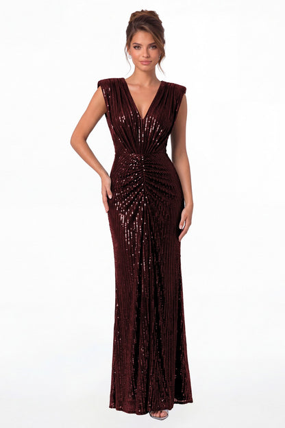 Burgundy V-Neck Ruched Sequin Mermaid Maxi Gown - Front View