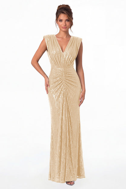 Champagne V-Neck Ruched Sequin Mermaid Maxi Gown - Front View